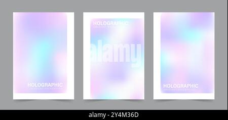 Y2k Holographic Gradient Background. Modern pearlescent vector. Set of soft blur cards. Iridescent aura posters. Pastel minimalist backdrop for social Stock Vector