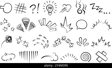 Manga or anime comic emoticon element graphic effects hand drawn doodle vector illustration set Stock Vector