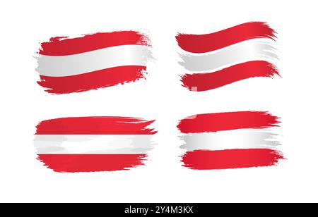 Set of isolated paintbrush strokes with Austrian flag background. Drawing style creative flag of Austria artistic collection. Tourist symbol. Business Stock Vector