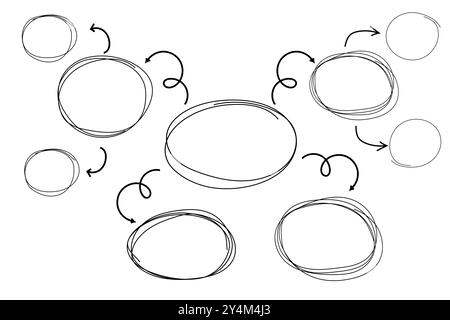 Mind map infographic diagram doodle line free hand drawing. Idea scheme plan with arrows and circles. Mind process step chart. Project concept,. Vector illustration Stock Vector