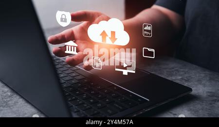 Woman use cloud technology computing network. Backup and data storage. Networking and digital online service concept. Stock Photo