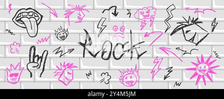 Subway tile with graffiti. Black and pink grunge rock doodle elements. Rock n roll, punk music symbols. Vector wall brick with charcoal drawn Stock Vector