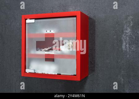 Closed Red Metal Medicine Cabinet Full Of Drugs Hanging On A Dark Gray Marble Wall Background. Perspective View Stock Photo