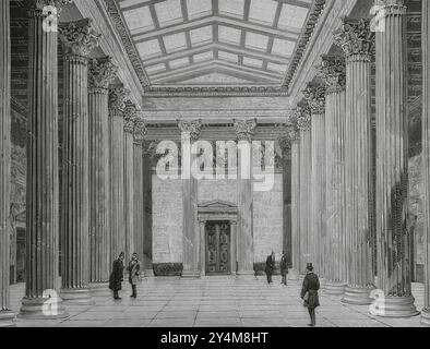 History of Austria. Vienna. Peristyle of the Austrian Parliament Building. The new building was inaugurated on 4 November 1883. It was built between 1874 and 1883 in the Greek Revival style by the architect Theophil von Hansen (1813-1891). Engraving by Tomás Carlos Capuz (1834-1899). La Ilustración Española y Americana (The Spanish and American Illustration), February 8, 1884. Stock Photo