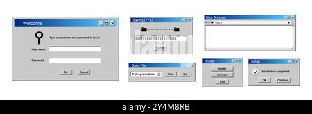 Old user interface windows. Retro loading window. Open file panel in blue. Stock Vector