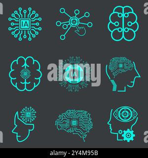 Collection of technology icon set, such as robot, digital, vr, ai, cyber and artificial Intelligence Vector Line Icons Set. Face Recognition vector il Stock Vector
