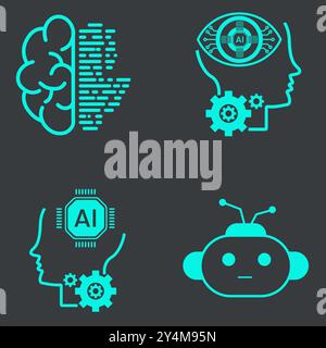 Collection of technology icons, such as robot, digital, vr, ai, cyber and  Vector Line Icons vector clip art design. Stock Vector