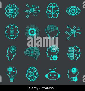set of technology icon set, such as robot, digital, vr, ai, cyber and artificial Intelligence Vector Line Icons Set. Face Recognition, Android, Humano Stock Vector