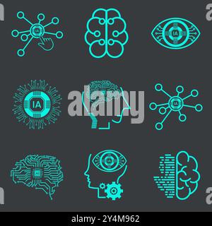 Collection of NINE technology icons, such as robot, digital, vr, ai, cyber and artificial Intelligence Vector Line Icons Set. Face Recognition vector Stock Vector