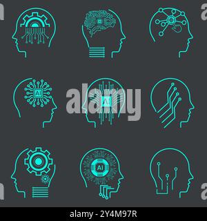 AI icon sets on dark background. Collection of symbols, technology vector element. artificial intelligence icon set in line style, machine learning, s Stock Vector