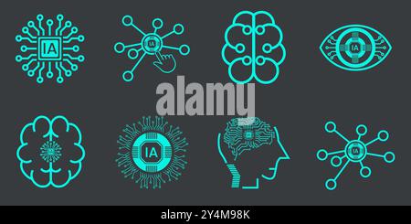 Set of Artificial Intelligence Related Vector Line Icons. Contains such Icons as Face Recognition, and Artificial Intelligence Vector Line Icons Sets Stock Vector