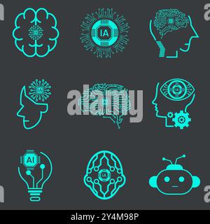 Set of artificial Intelligence icons, symbols, element UIs, Collection of technology icons, such as robot, digital, vr, ai, cyber and  Vector Line Ico Stock Vector