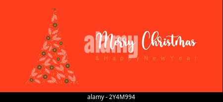 Merry Christmas and Happy New Year greeting red card or banner. Modern beautiful Christmas design with typography and Christmas tree pattern made of a Stock Vector