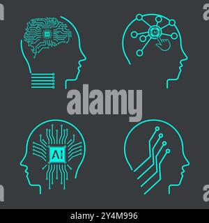Collection of FOUR Artificial intelligence icons. Set in line style, machine learning, smart robotic head and cloud computing network digital AI techn Stock Vector