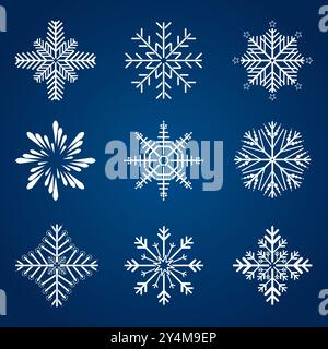 Snowflake group on isolated blue background, Set of Snowflake symbol, icon, logo for design Christmas vector, illustration element collection Stock Vector
