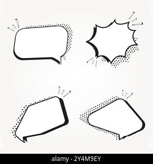 Set of four retro empty comic bubbles and elements set with black halftone shadows used in marketing promo templates Stock Vector
