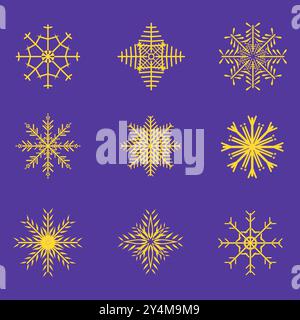 Snowflake group on isolated blue background, Cute snowflakes collection isolated on white background. Flat snow icons, silhouette. Nice element for Ch Stock Vector