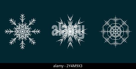 Group of Soft snowflakes collection isolated on black background. Set Flat snow icons, silhouette. Nice element for Christmas banner, cards. New year Stock Vector