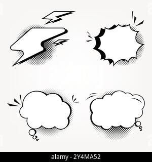 SET of four different style of bubble shapes and elements set, with black halftone abstract on white background. Vector illustration for banners sales Stock Vector