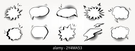 Group of retro empty bubble shapes and elements set, with black halftone abstract on white background. Vector illustration Stock Vector