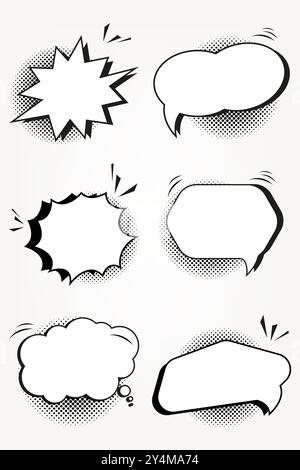 Set of SIX retro empty bubble shapes and option elements set, with black halftone abstract on white background. used in sale off promotion banner Stock Vector