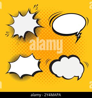 Set of of four banner Sale off bubble, banner, Yellow flash sale design in comic style and element with black halftone shadow on yellow background Stock Vector