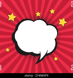 A retro comic speech bubble on halftone red sun shine background design. Spacing bubble for discount, sale off concept banner, poster, Vector illustra Stock Vector
