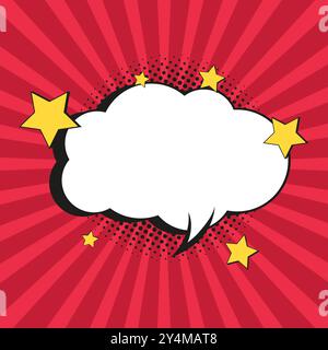 A comic bubble and element with yellow stars on black halftone shadows on red and pink background design Stock Vector