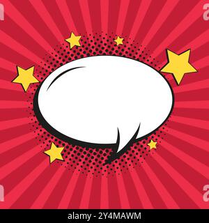 The retro empty comic bubble and element with yellow stars on black halftone shadows on red and pink background. Vector illustration Stock Vector