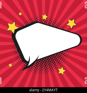 Nice colorful retro comic speech bubble on halftone red background design. Spacing bubble for discount, sale off concept banner, poster, Vector illust Stock Vector