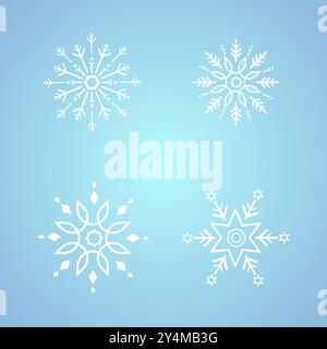 Set of white snowflakes for winter, spring and Christmas elements on isolated blue background, white geometric minimalist snowflake elements and icons Stock Vector