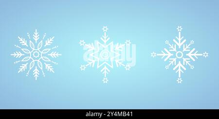 Three of white snowflakes for winter, spring and Christmas elements on isolated blue background, white geometric minimalist snowflake elements and ico Stock Vector