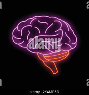 Neon human brain glowing on a black background illustrating a concept from the medical field Stock Vector