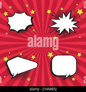 SET of four colorful retro comic speech bubble on halftone red background design. Four Spacing bubble discount concept banner Stock Vector