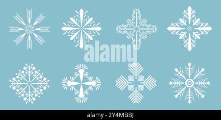Set of 4 snowflakes, Winter set of white snowflakes isolated on light blue background. Snowflake icons. Snowflakes collection for design Christmas Stock Vector