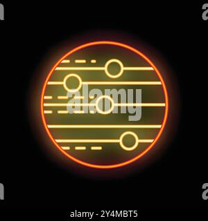Glowing neon icon depicting data processing, with lines and circles moving within a circular shape, suggesting technological advancement and digital information flow Stock Vector