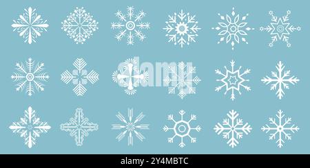 Groups of vector snowflakes, Winter set of white snowflakes isolated on light blue background. Snowflake icons. Snowflakes collection for design Chris Stock Vector