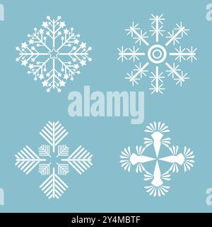 Set of Four snowflakes, Winter set of white snowflakes isolated on light blue background. Snowflake icons. Snowflakes collection for design Christmas Stock Vector