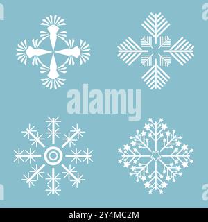 Winter set of white snowflakes isolated on light blue background. and Set of 4 snowflakes, Snowflake icons. Snowflakes collection for design Christmas Stock Vector