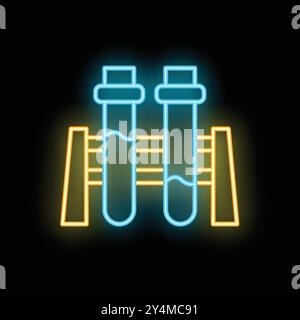 Vibrant neon icon of two test tubes held in a test tube rack, glowing brightly on a dark background Stock Vector