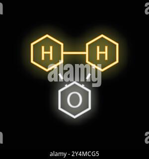 Neon water molecule icon glowing on black background representing the chemical formula of water Stock Vector