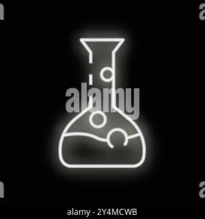 White neon sign showing a simple illustration of an erlenmeyer flask with bubbling liquid inside, on a black background Stock Vector