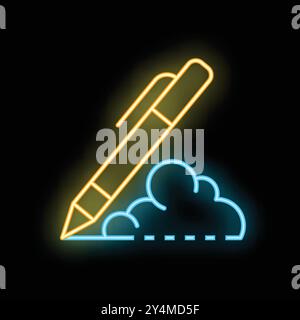 Neon glowing icon of a pen writing on a cloud computing symbol, representing data storage, online services, and digital innovation Stock Vector