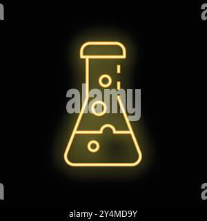 Neon icon of a conical flask with a bubbling liquid inside, glowing brightly against a dark background Stock Vector