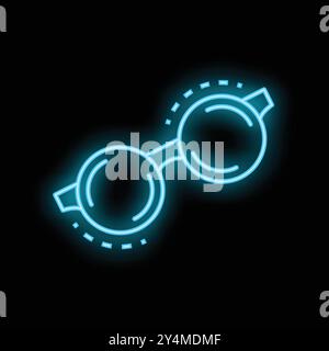 Blue neon sign of round glasses glowing on black background Stock Vector