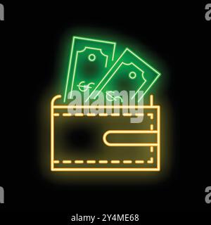 Glowing neon line wallet with dollar banknotes icon isolated on black background. Vector illustration Stock Vector