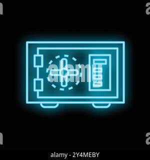 Bright blue neon sign in the shape of a safe deposit box, glowing on a black background Stock Vector