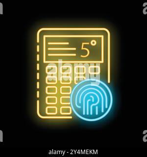 Glowing neon icon of a calculator displaying a fingerprint for verification purposes Stock Vector