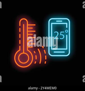 Neon glowing icon of a smartphone displaying temperature in celsius next to a thermometer, indicating weather forecast or climate control Stock Vector