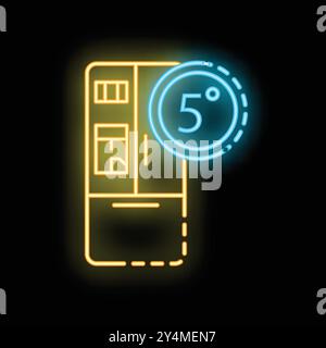 Yellow and blue neon icon of a refrigerator with a temperature of five degrees celsius displayed on a black background Stock Vector